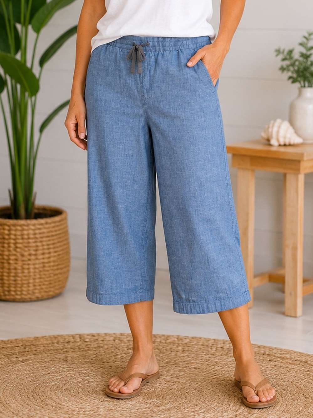 L.L.Bean Cropped Pants Women’s 18W Chambray Pull On Wide Leg Casual Coastal